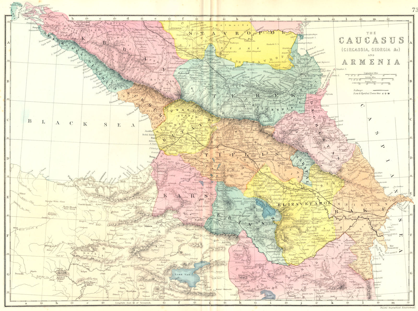 CAUCASUS. Circassia,Georgia Armenia Azerbaijan Russia. Bacon 1895 old map